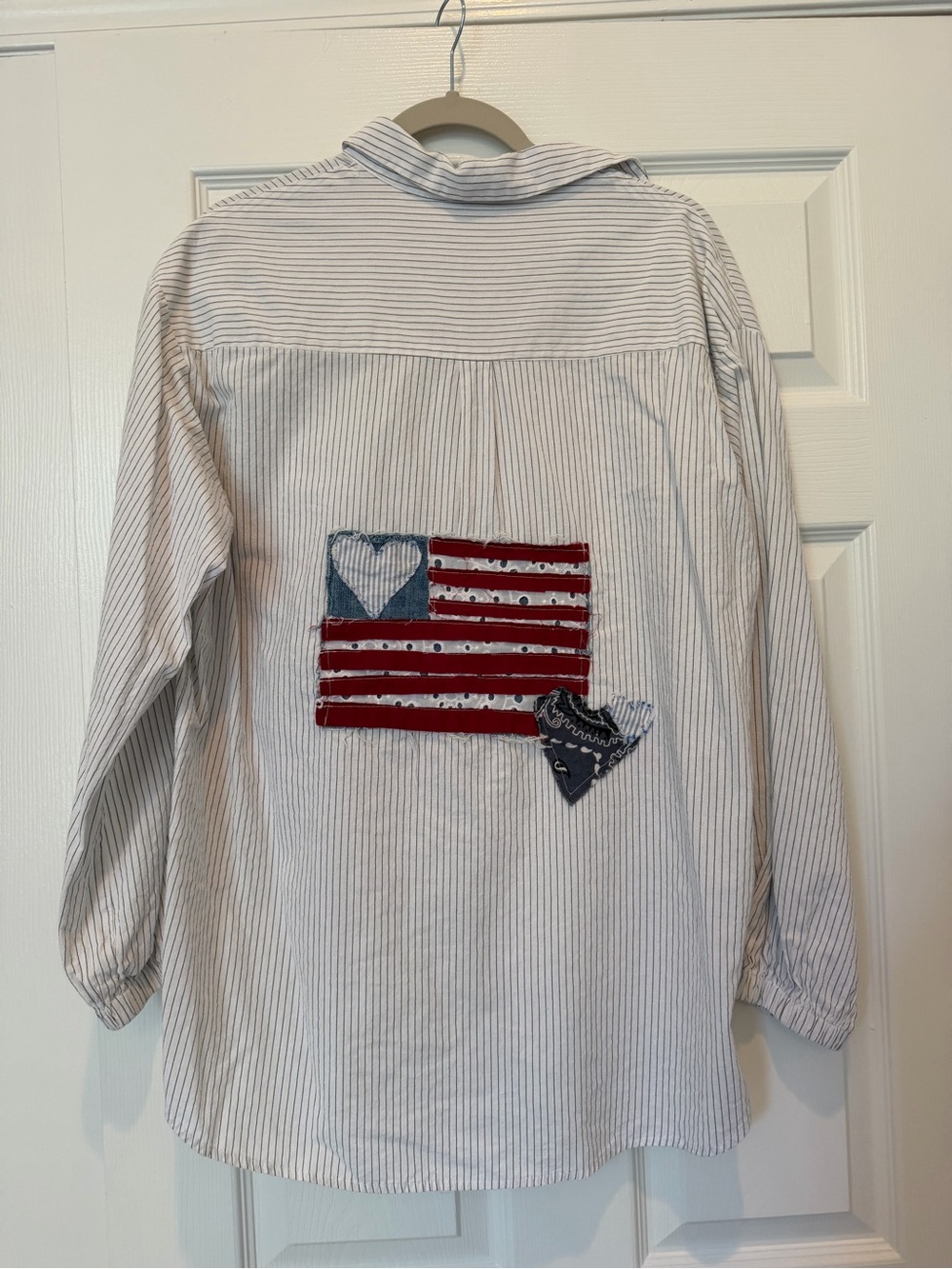 OOAK Upcycled Americana Patriotic Flag Pinstripe Button Down Shirt L